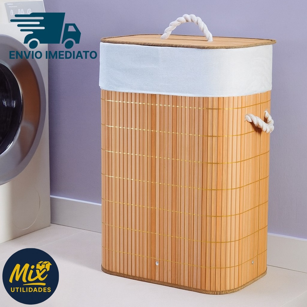 Cesto De Roupa Suja Bambu 72 Litros Lavanderia Com Tampa e Alças Forrado Grande Organizador Banheiro