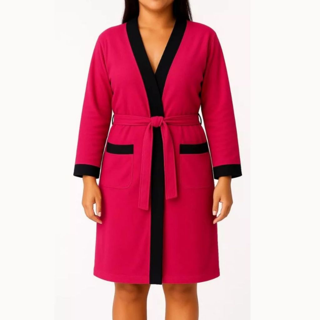 Roupão de Banho Pink Com Preto Feminino Adulto Tecido Felpudo 100% Poliéster