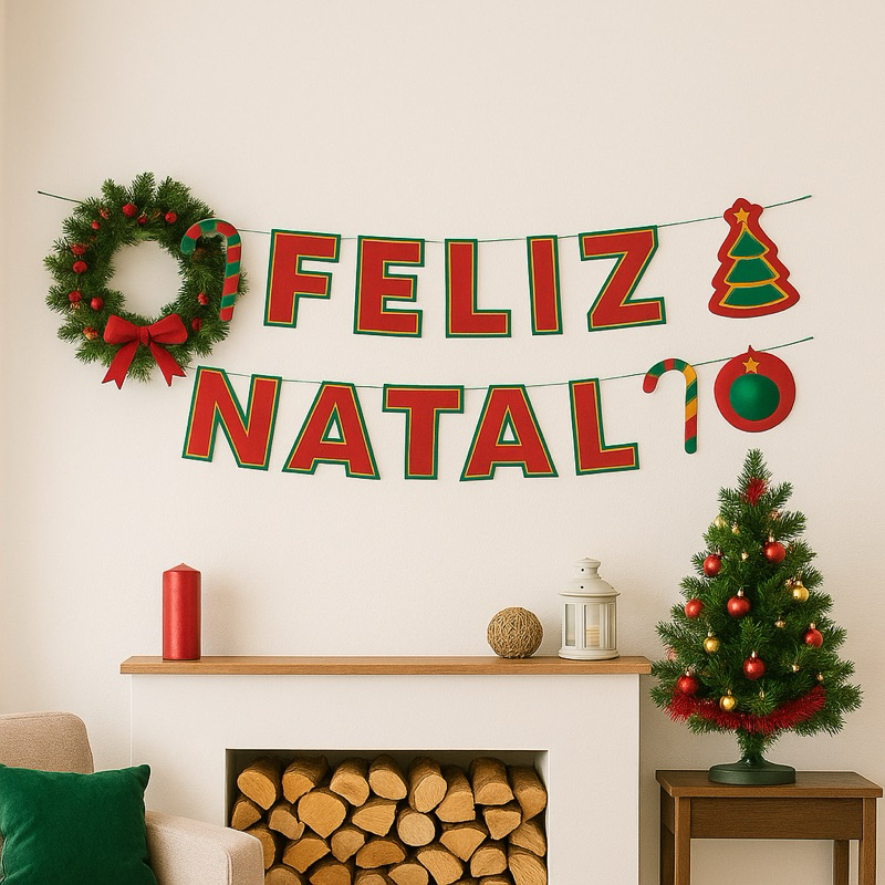 Faixa Varal Letras Feliz Natal Mural Decoração Merry Christmas Bengala Árvore de Natal