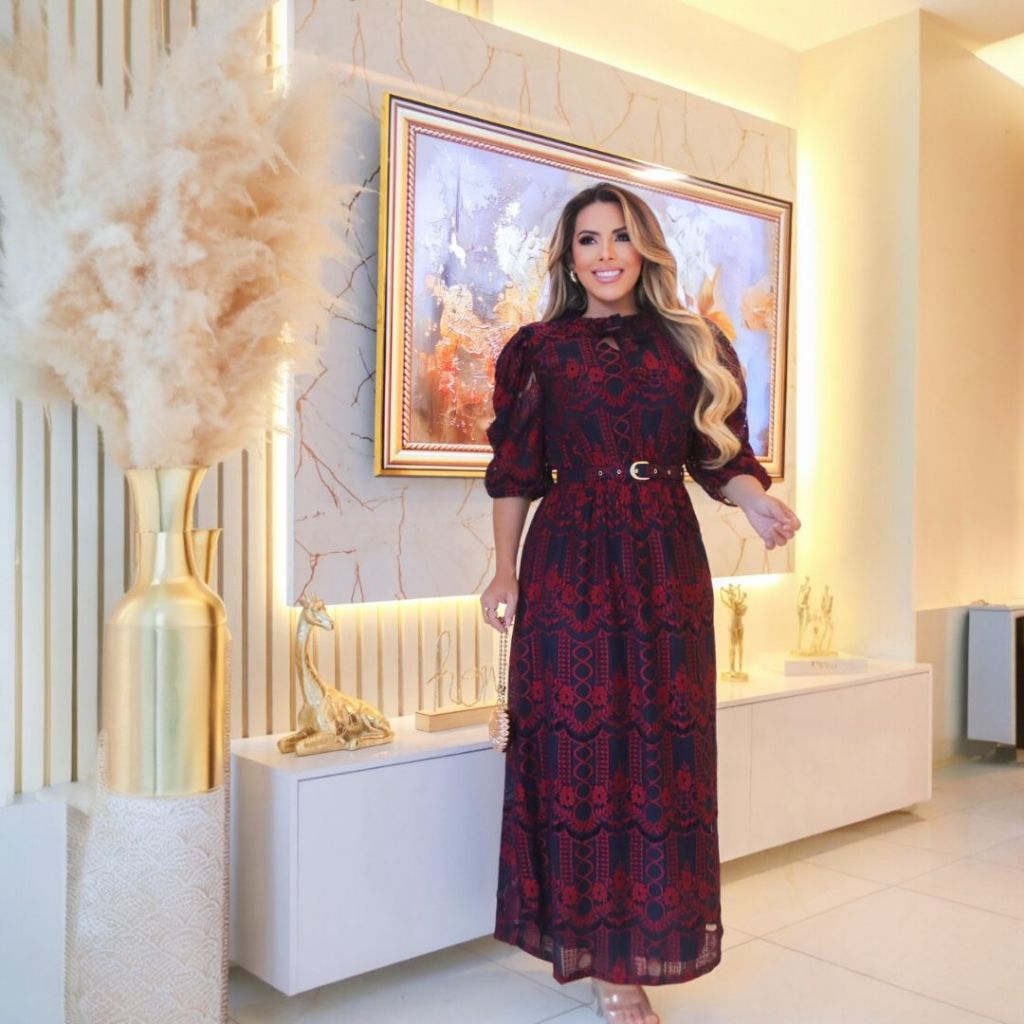 Vestido Longo Feminino Moda Modesta Luxo Tule Bordado Gola Alta de Renda Elegante Evangélico Culto Festa