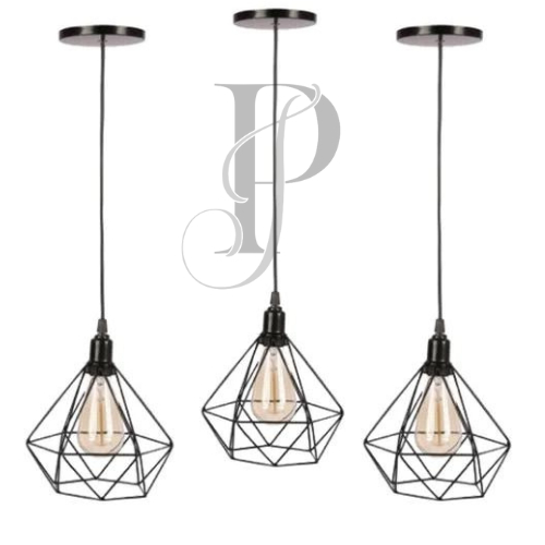 Kit 3 Pendente Aramado Diamante Luminária Lustre Teto Retro Industrial Cabo 1m Moderno preto