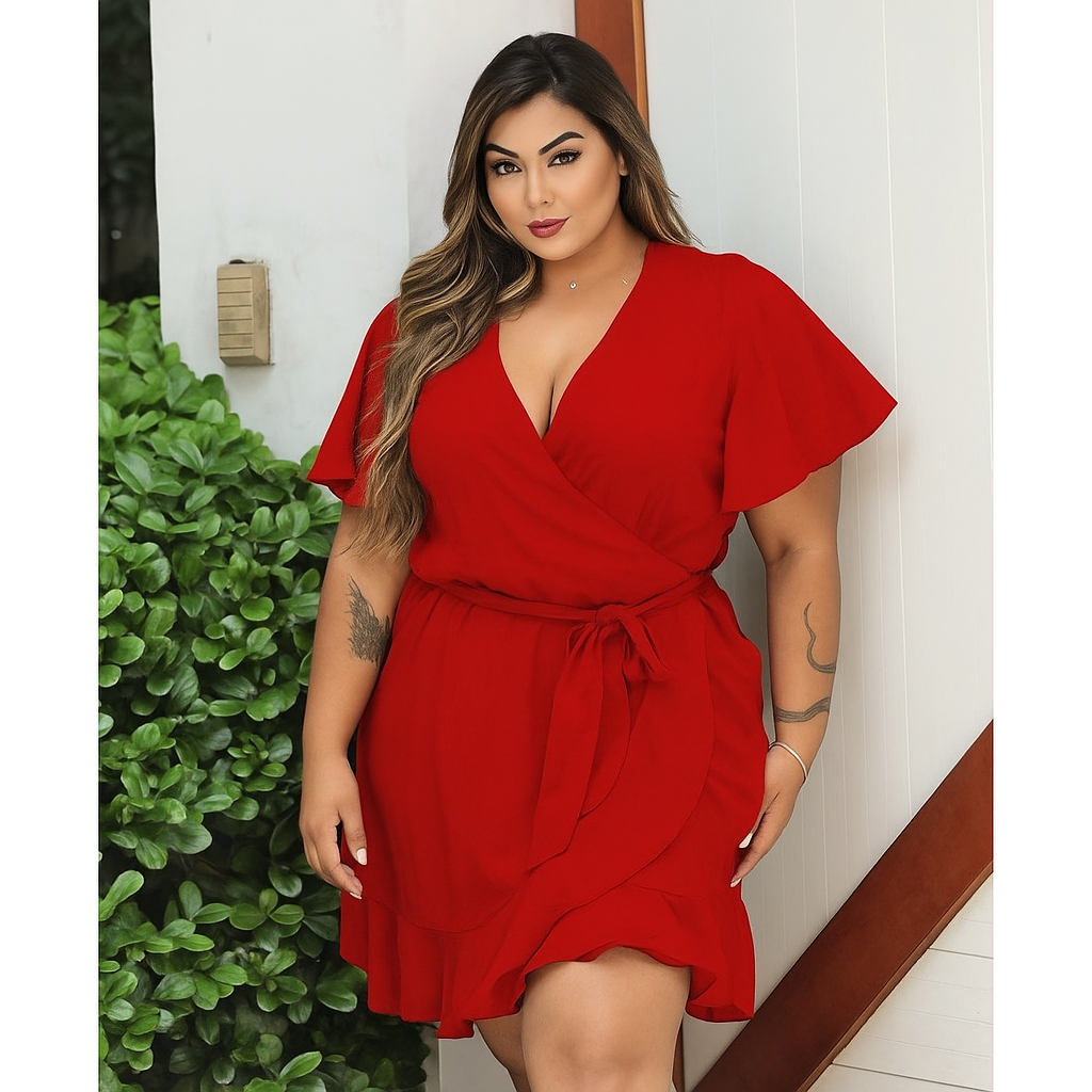 VESTIDO FEMININO PLUS SIZE TRANSPASSADO ENVELOPE MANGA MORCEGO AMARRACAO SOLTINHO VERMELHO E PRETO