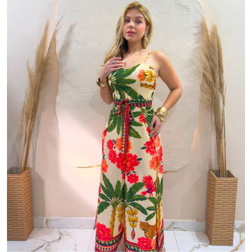 Macacão Envelope Longo moda  Feminino Verão 2026 Cintura Traspassado Alca Regulável