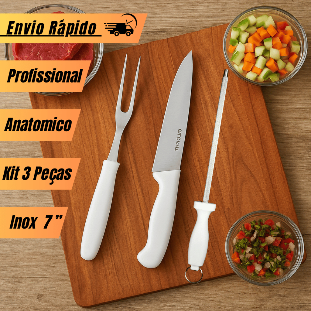 Kit Churrasco 3 Peças Completo Faca, Chaira afiadora, Garfo Trinchante Churrasqueiro Profissional em Oferta na Shopee