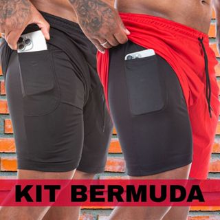 Kit 2 bermuda 2 em 1 masculina com bolso interno para treino, corrida, corrida, academia em Oferta na Shopee