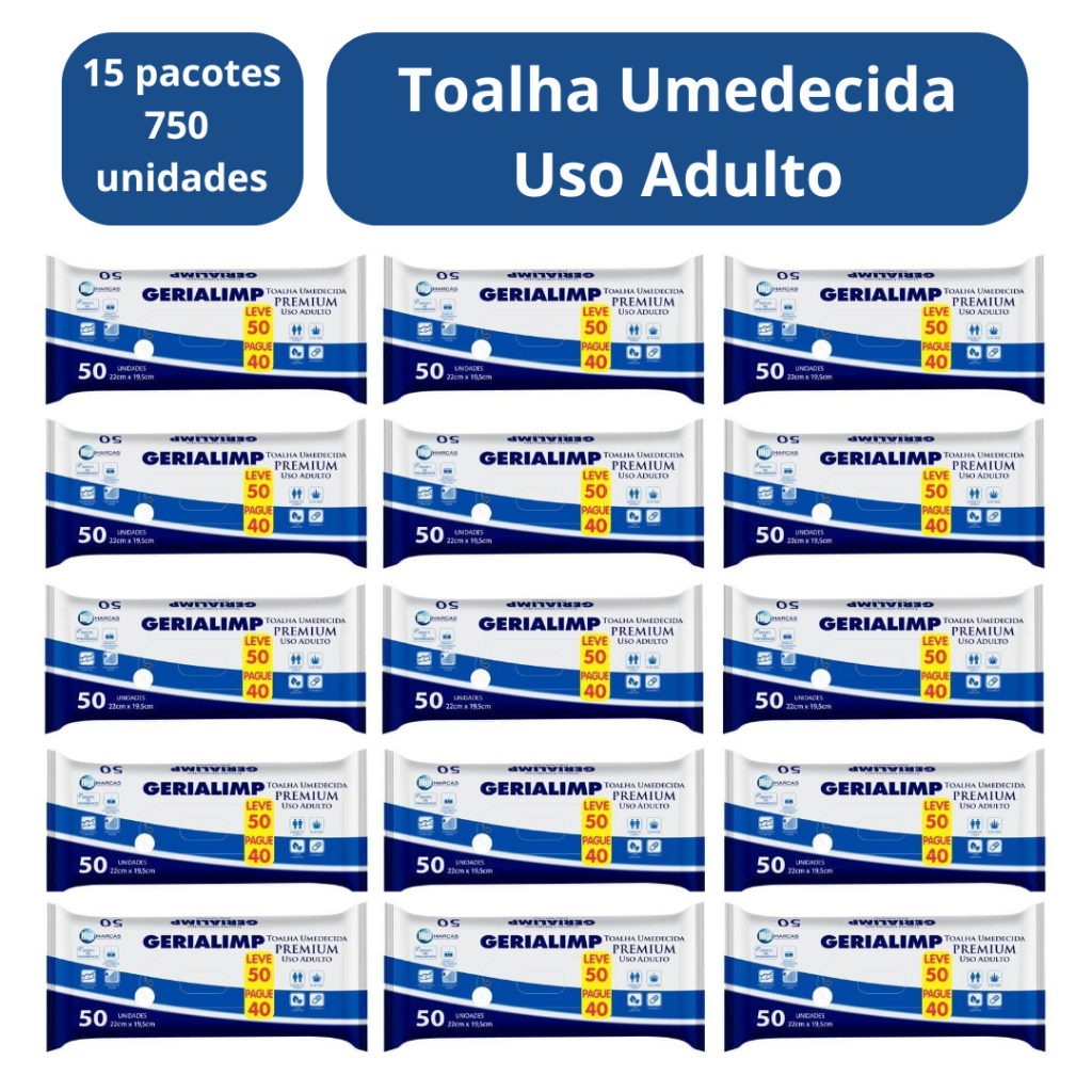 Lenço Umedecido Geriátrico Adulto Gerialimp - Kit com 15 pacotes (750 unidades) em Oferta na Shopee