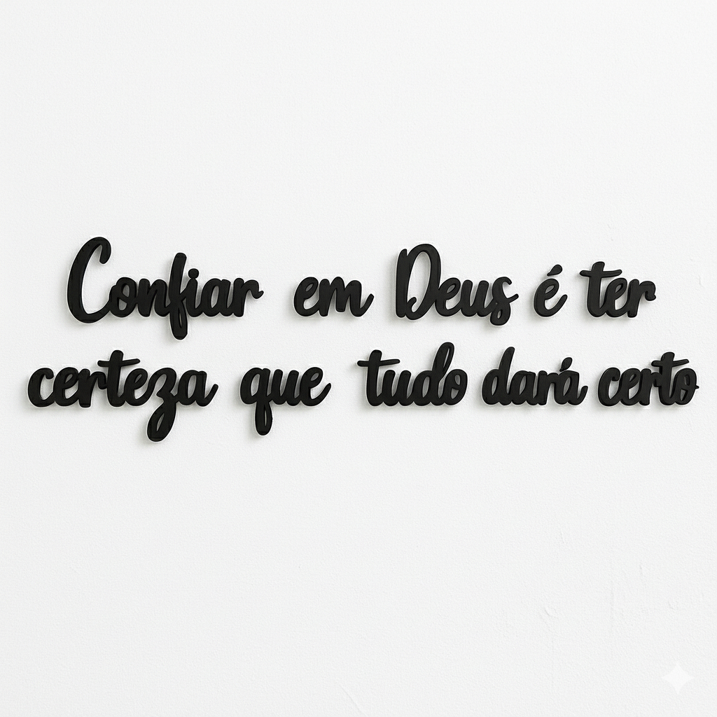 Frase Decorativa em MDF Confiar em Deus 3mm Preto Fosco com Fita 3M Parede Sem Furo