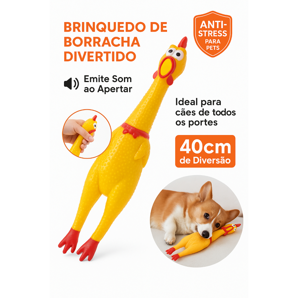 Brinquedo Galinha de Borracha 40cm com Som – Anti Stress para Cachorros de Todos os Portes