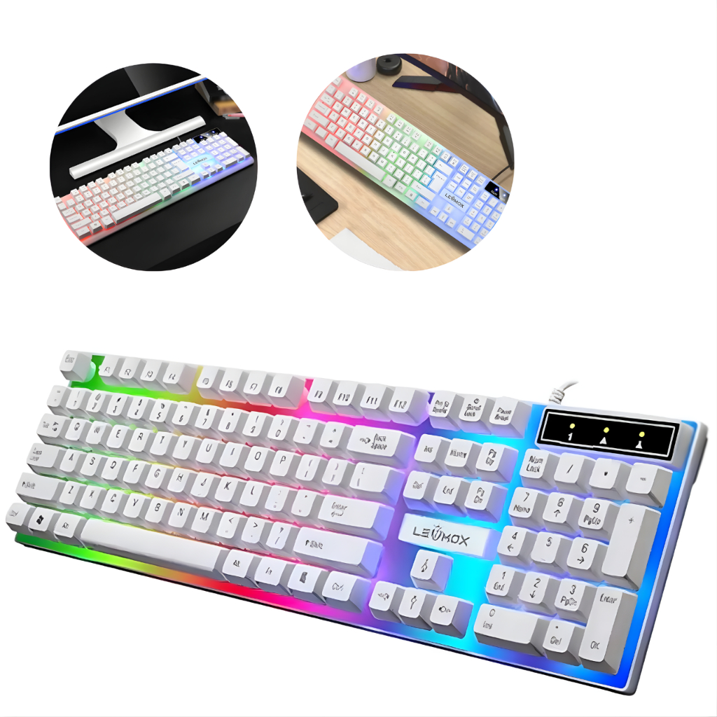 Teclado Gamer Branco Semi Mecanico Iluminação RGB Anti Ghosting Com Fio USB PC Notebook Jogo