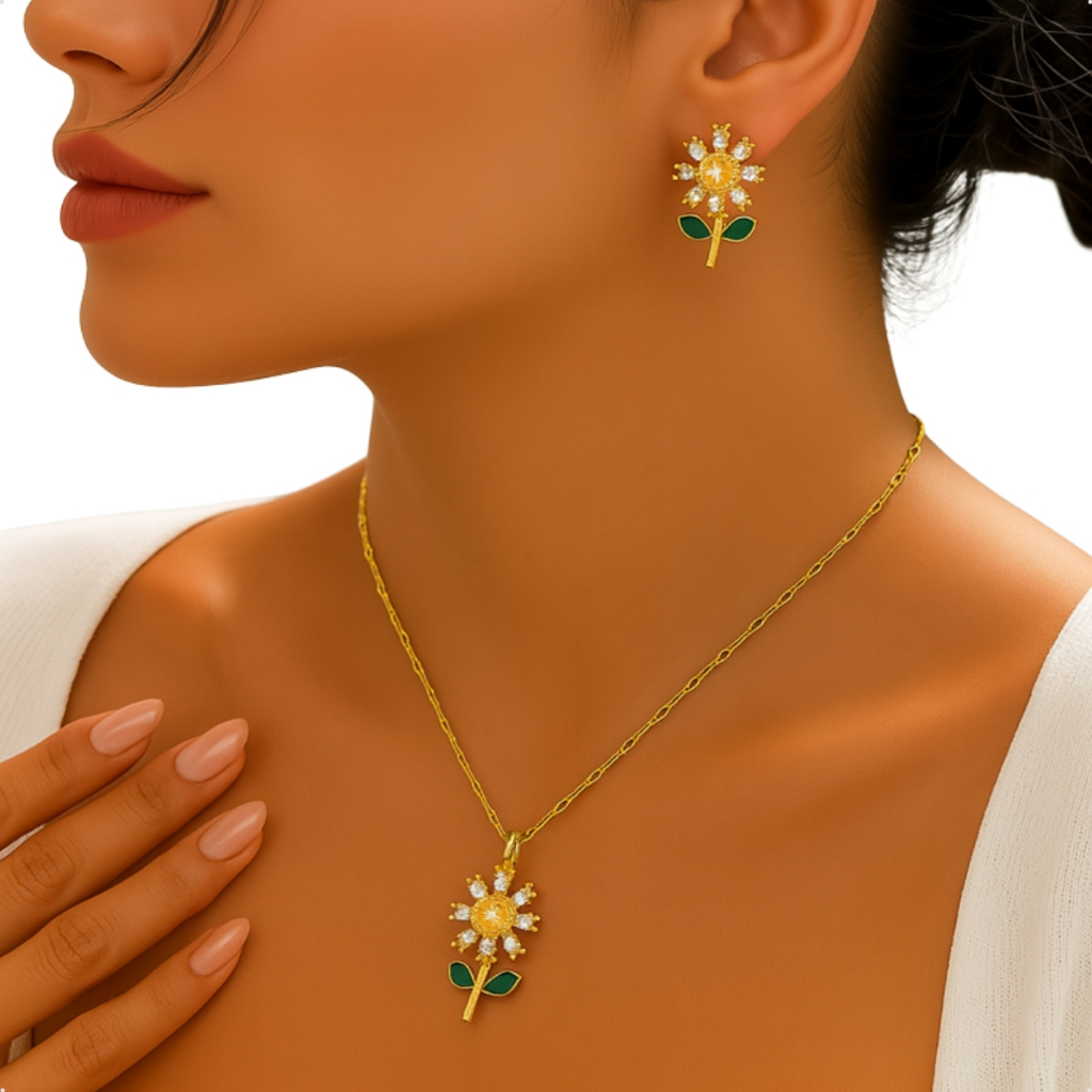 Kit Conjunto Colar e Brinco Girassol com Zircônias Folheado a Ouro Luxo Feminino Presente Delicado
