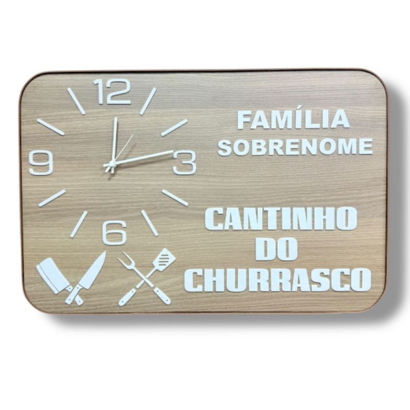 QUADRO RELÓGIO PERSONALIZADO FREIJÓ CANTINHO DO CHURRASCO, LETREIROS BRANCOS, 2 TAMANHOS, 2 CORES COURO.