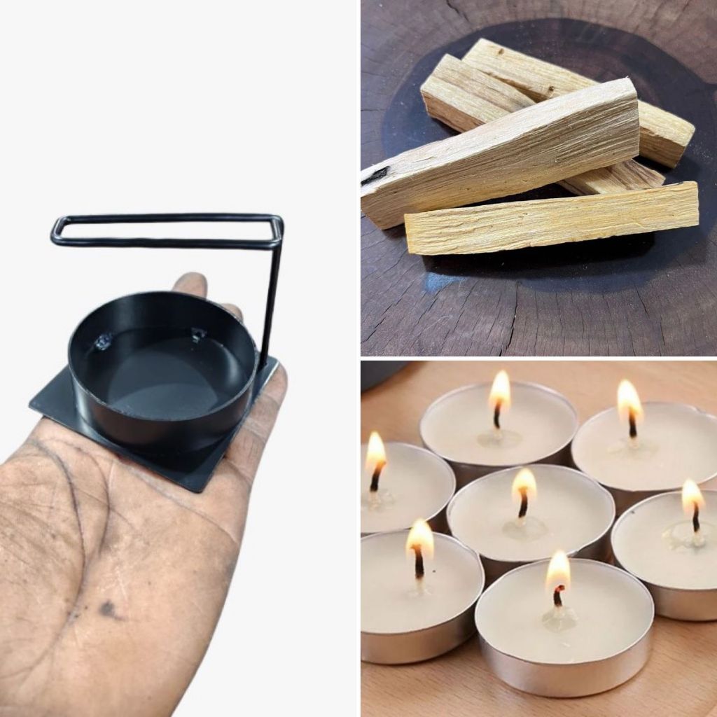 Suporte Incensário Porta Palo Santo + 50g de de Palo Santo + 1 Vela Rechaud