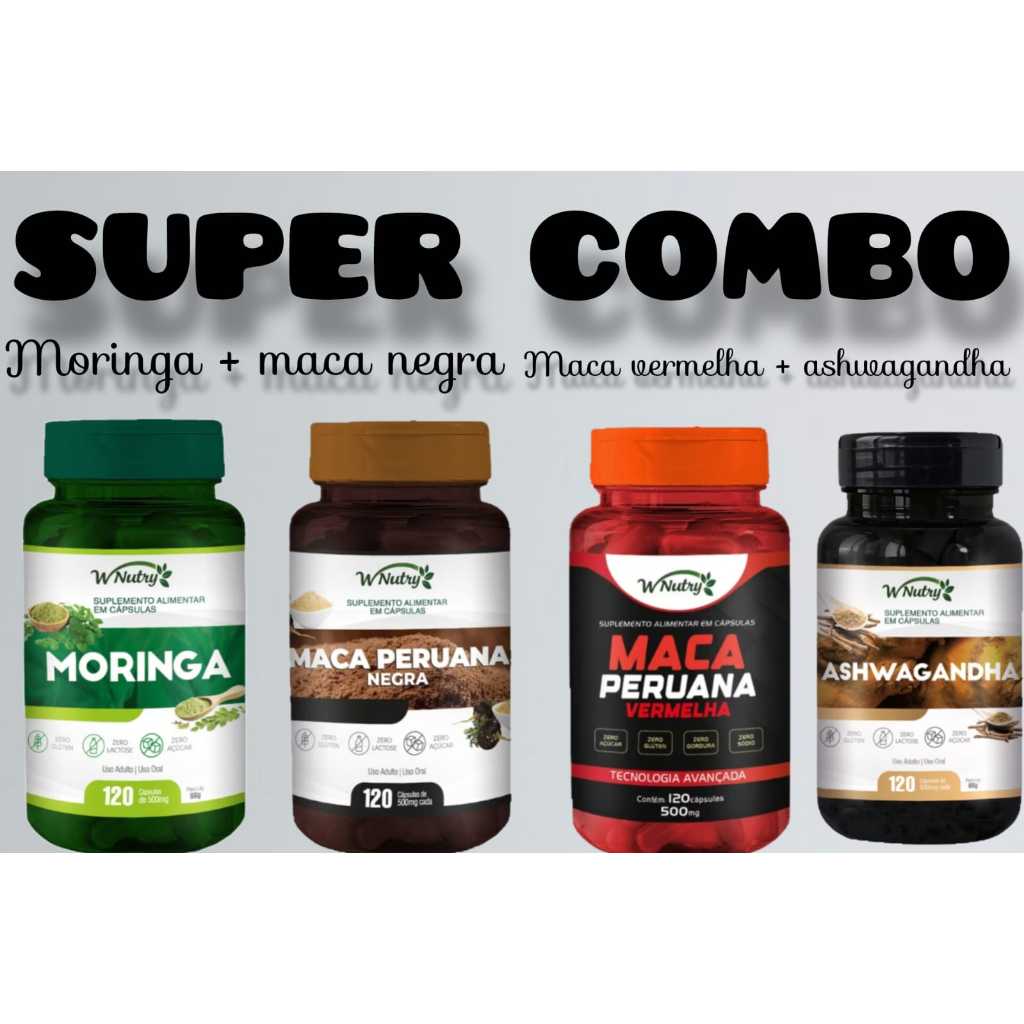 Super Combo  Maca Vermelha + Maca Negra + Moringa + Ashwagandha Wnutry em Oferta na Shopee