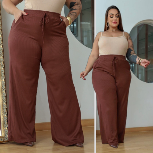 Calça Feminina Pantalona Social Wide Leg Plus Size Com Forro Canelada Cintura Alta Zero Transparência