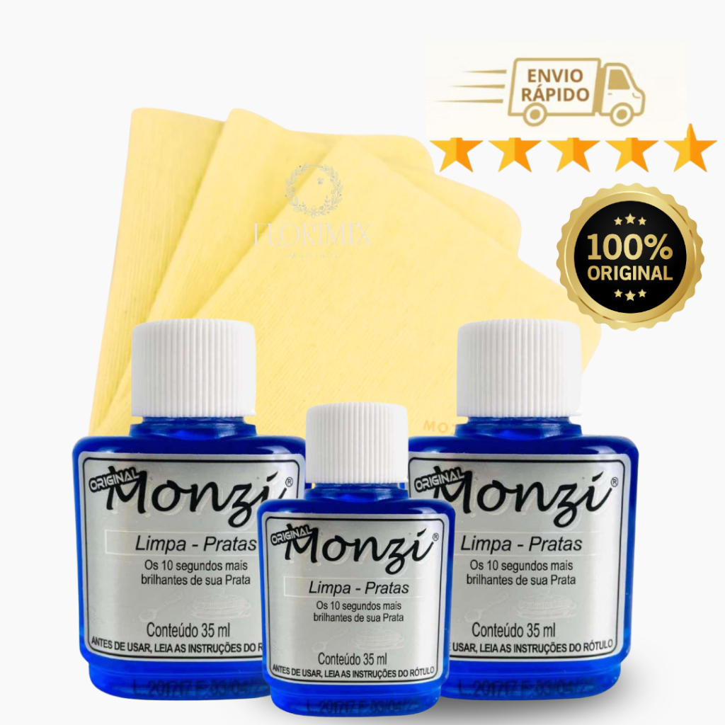Kit 5 Limpa Prata Monzi + Flanela Magica Original 35ml Limpa Joias