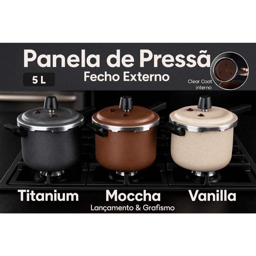 Panela de Pressão 5L Patolux grande antiaderente fechamento externo 4 válvulas Preta Vermelha Branca