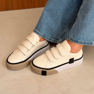 Tênis Feminino Luna Flatform Com Velcro Branco Nude em Oferta na Shopee