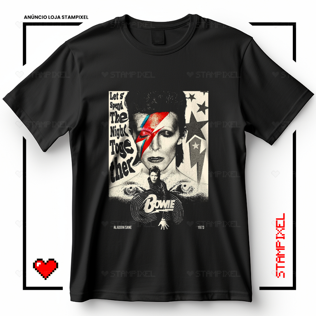 Camiseta Unissex David Bowie Let’s Spend the Night Together Blusa Música Alternativo Indie T-shirt Camisa 100% Algodão