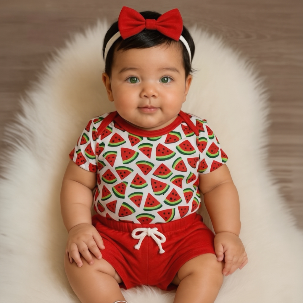 Conjunto de Bebê Body, Short + Faixa de Cabelo Laço Menina Barato Promoção Verão