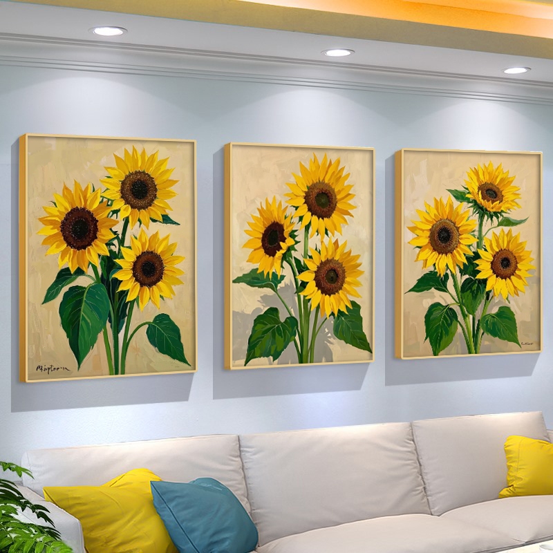 Quadros Decorativos kit 3 girassol pintura decorativa simples e fresca para sala de estar e quarto
