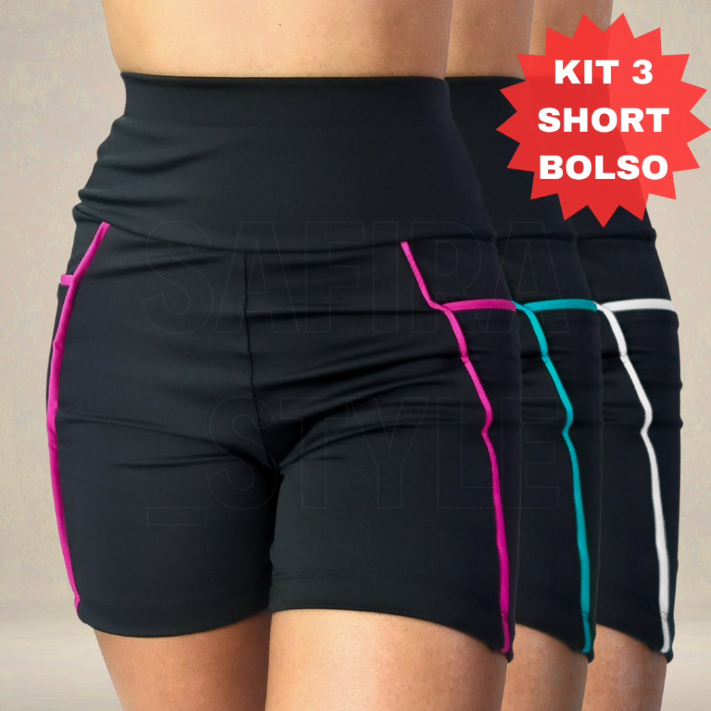 Kit 3 Short Academia Feminino Bolso Lateral Fitness Cos Alto Cintura Alta Zero Transparência