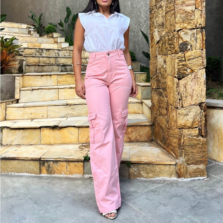 Calça Jeans Calça Cargo wide leg Feminina Moda Street Tecido Algodão Premium em Oferta na Shopee