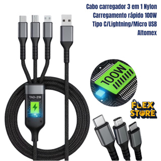 Cabo de Dados 3 em 1 Nylon Cabo Carregador Carregamento Rapido 100w com 3 saídas com Led Tipo C/Lightning/Micro USB em Oferta na Shopee