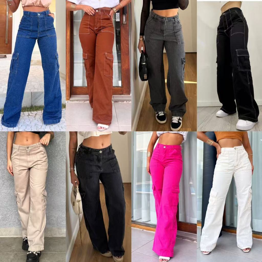 Calça Jeans Calça Cargo wide leg Feminina Moda Street Tecido Algodão Premium em Oferta na Shopee