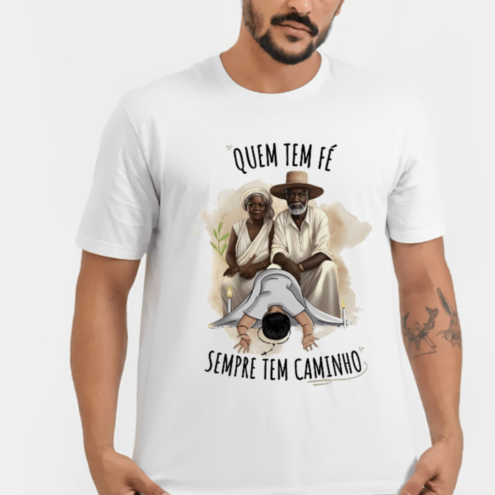 Camiseta Básica 100% Algodão Umbanda Preto Velho Quem Tem Fé