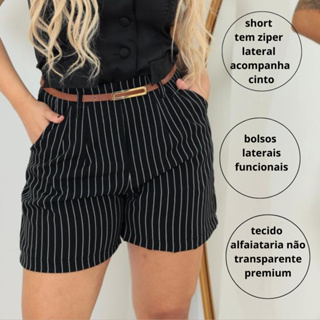 Short  Alfaiataria feminino social Listrado com cinto,  bolso e ziper na lateral verão 2026 em Oferta na Shopee