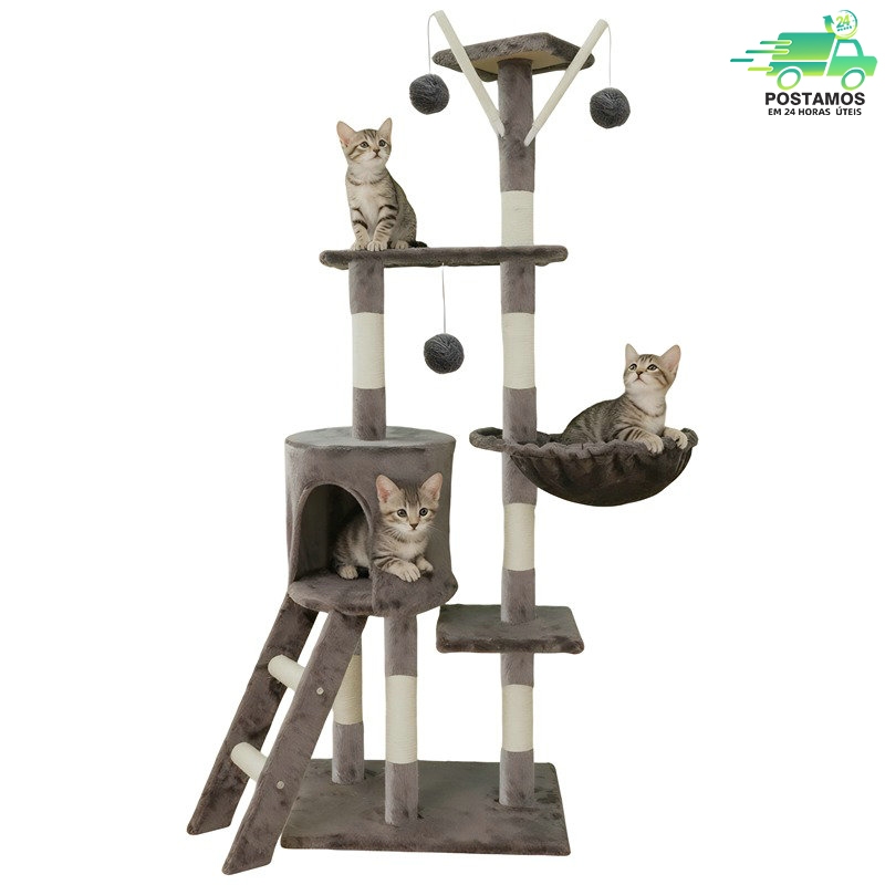 Mega Torre Arranhador Gato 138cm Vertical, Sisal Parede, Torre Completa Cinza c/ Acessórios