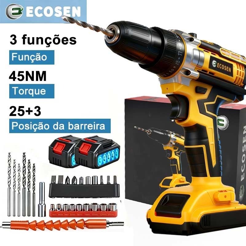 Furadeira e Parafusadeira 2 Baterias de Impacto à Bateria  com Kit Brocas, Bits e 110V-220V em Oferta na Shopee