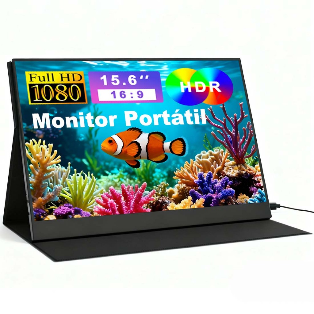 Monitor Portátil 15.6" 1080P Full HD 60HZ IPS Tela Com Dois Alto-falantes HDMI USB C para PC/Notebook/iPad/Jogos