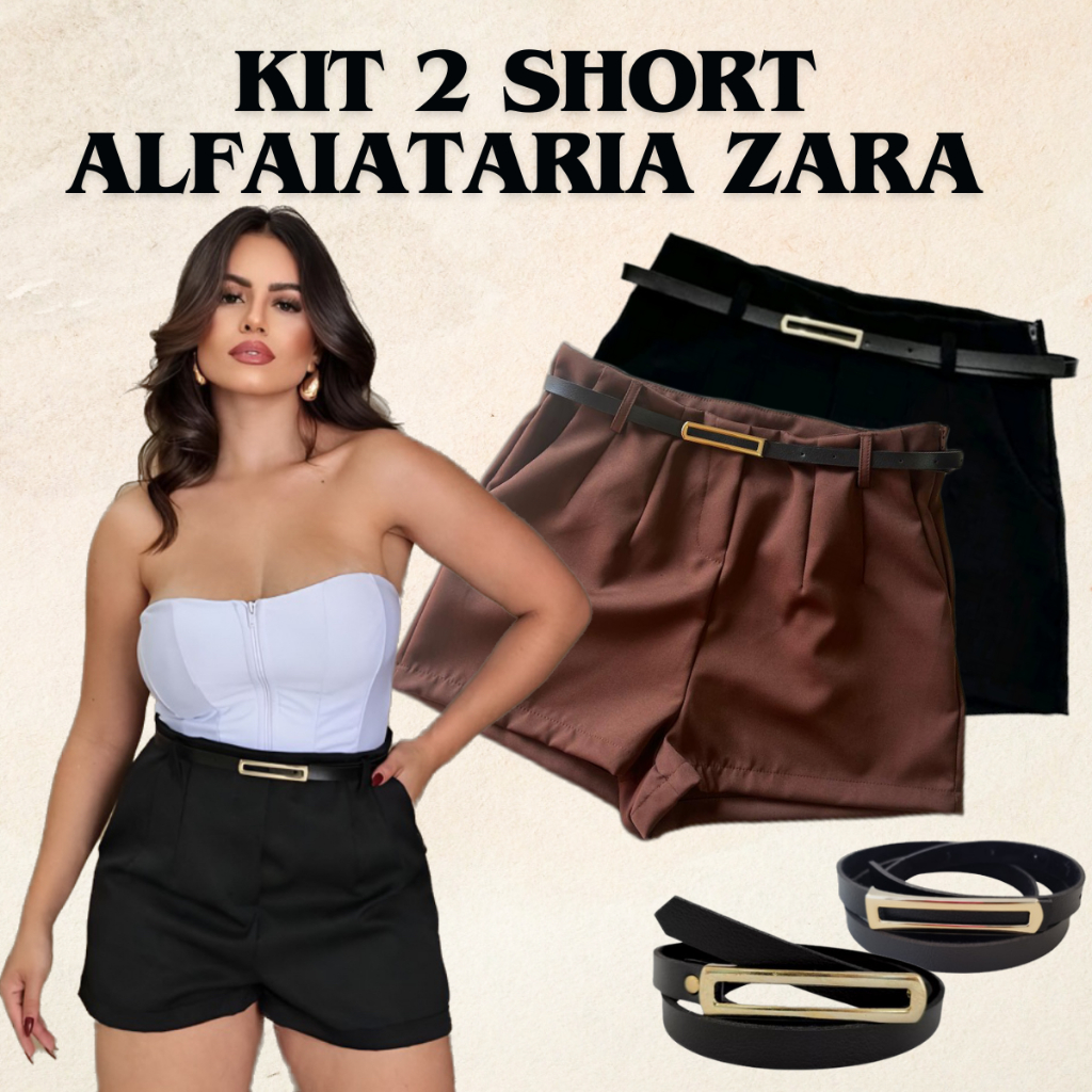 Kit 2 Short Alfaiataria Feminino Social Cintura Alta Com Cinto Com Bolso ENVIO IMEDIATO Marrom