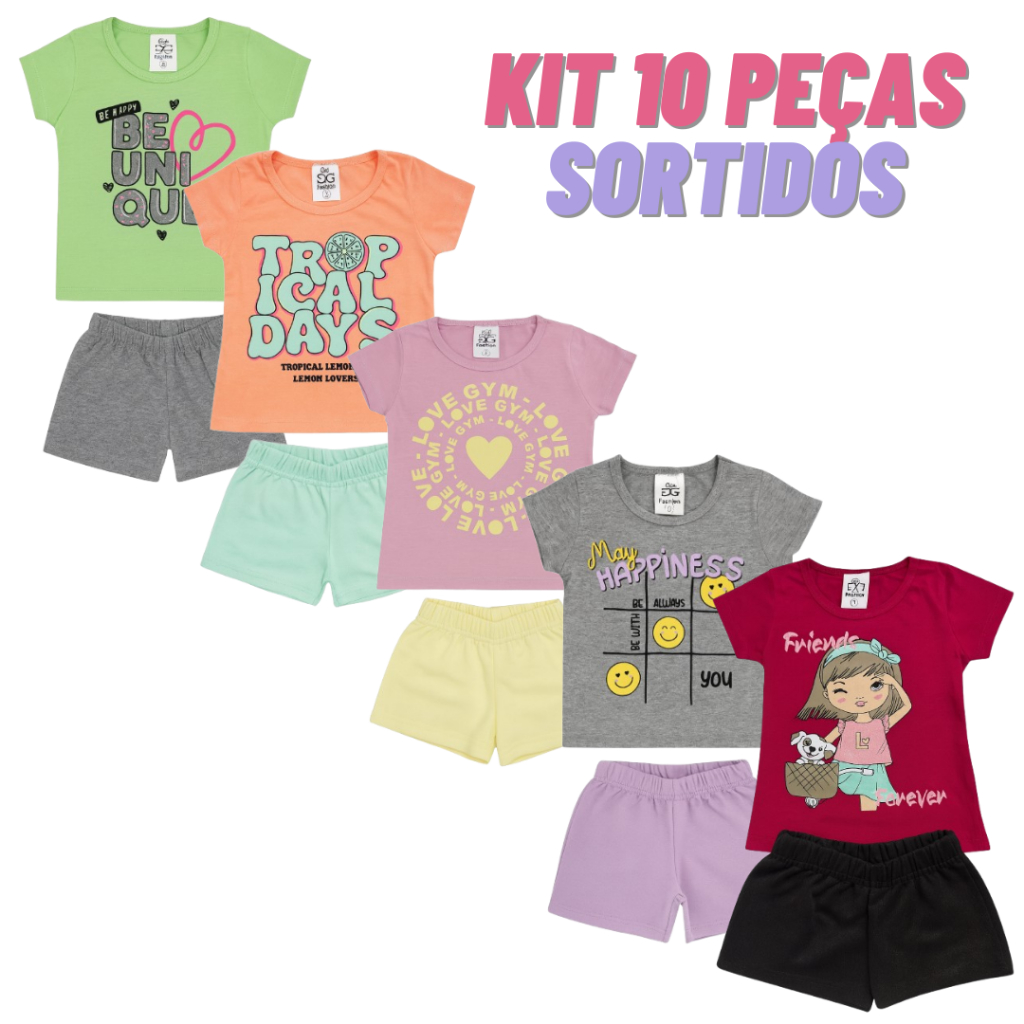 Kit 10 Peças Sortido Conjunto Infantil Verão Menina camiseta e bermuda roupa infantil Juvenil