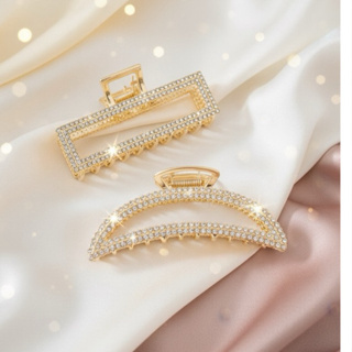 Conjunto 2 prendedores luxo dourados com strass brilhantes presilhas garras clipes cabelo penteados presos coque em Oferta na Shopee