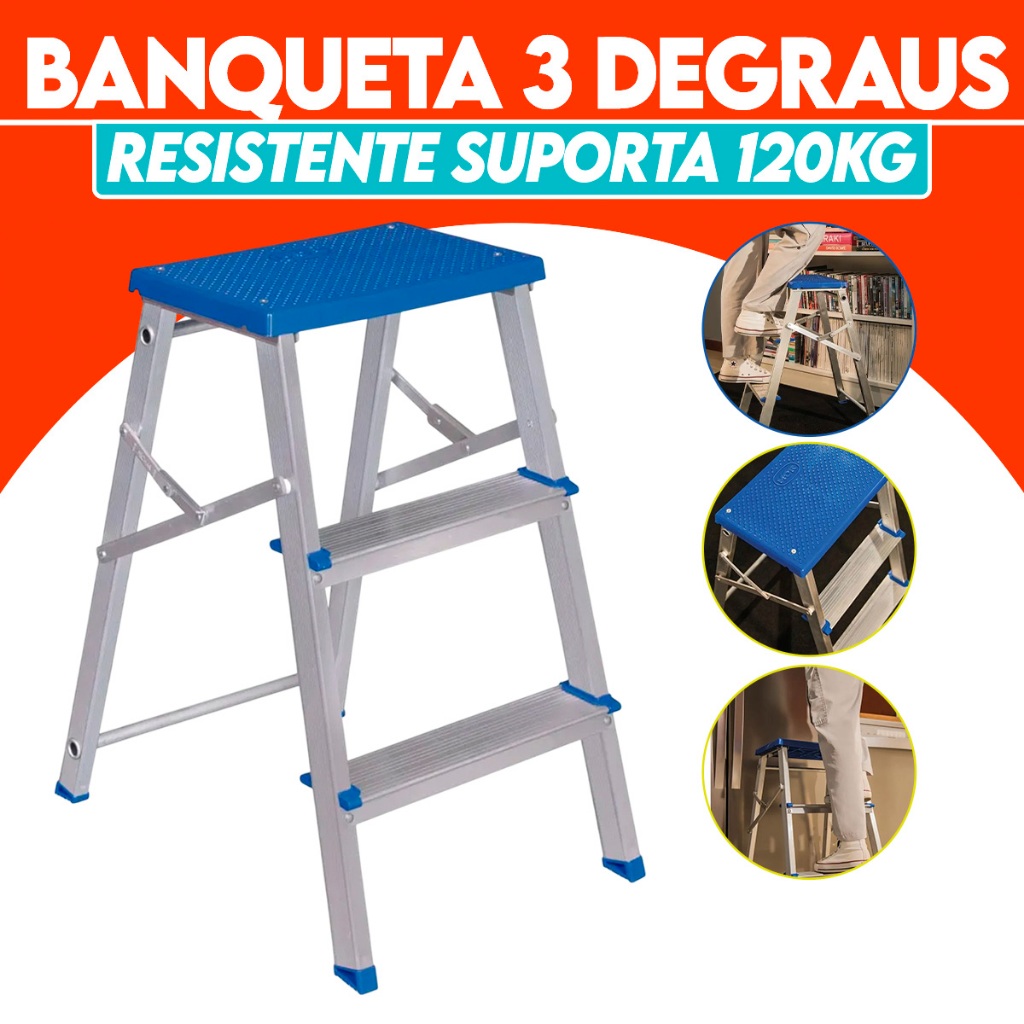 Escada Escadinha Banqueta Alumínio 3 Degraus MOR Resistente Domestica 120 kg