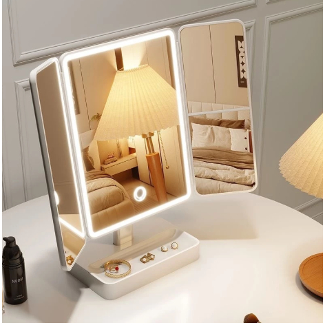Espelho de Maquiagem de Mesa LED Três Lados Dobrável