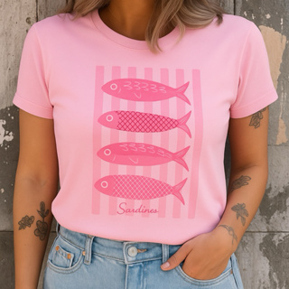 Camiseta Feminina Sardines Estampa Peixes Verão Confortável em Oferta na Shopee