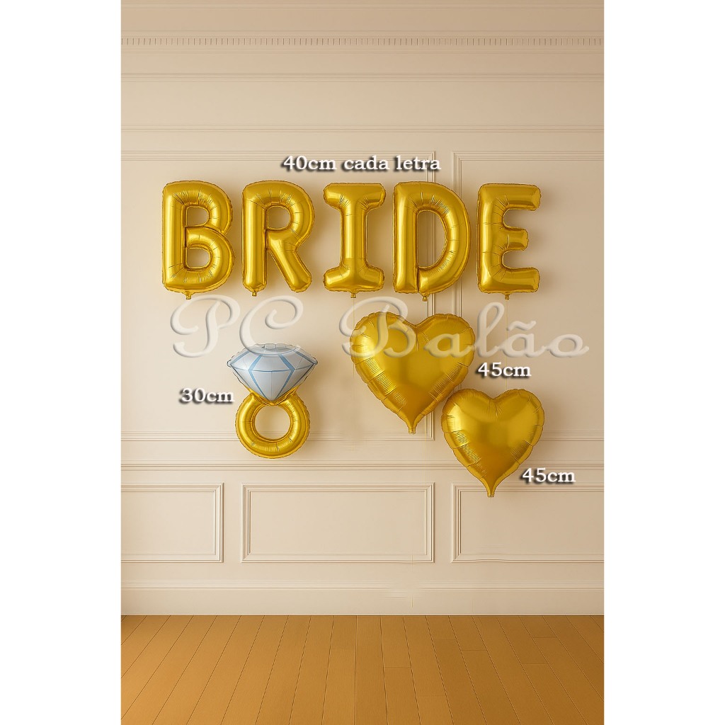 Kit 8 Balão Metalizado Letras BRIDE 40cm + 2 Coração 45cm + Anel 35cm