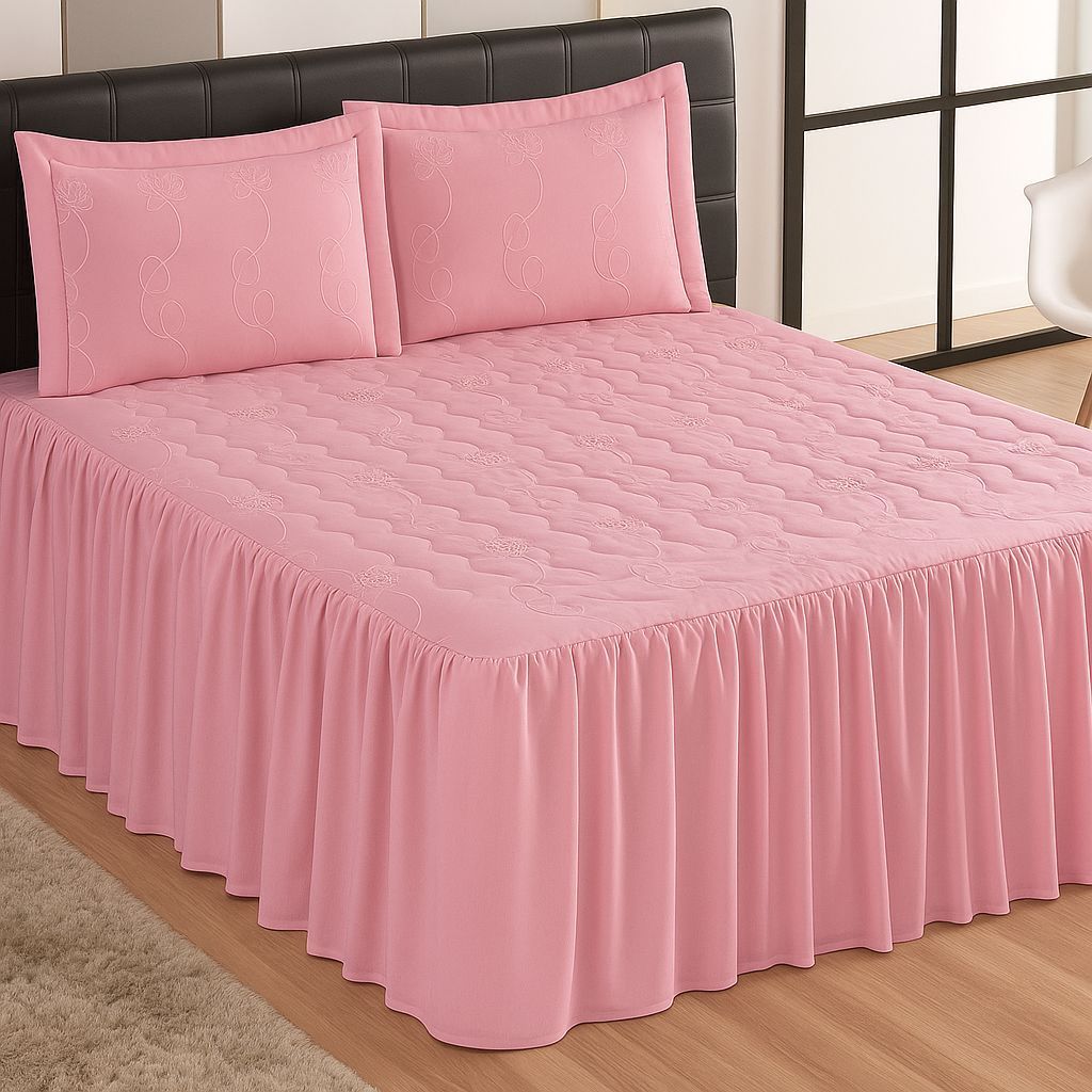 Colcha Casal Bordada de Babado Casal Padrão Com Porta Travesseiro