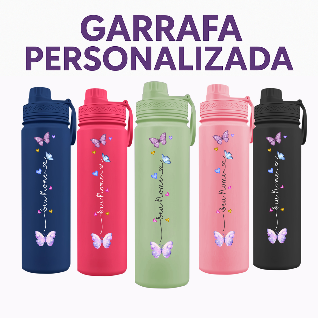 Garrafa Fresh Térmica Aço inoxidável Personalizada com seu Nome - Borboletas Coloridas