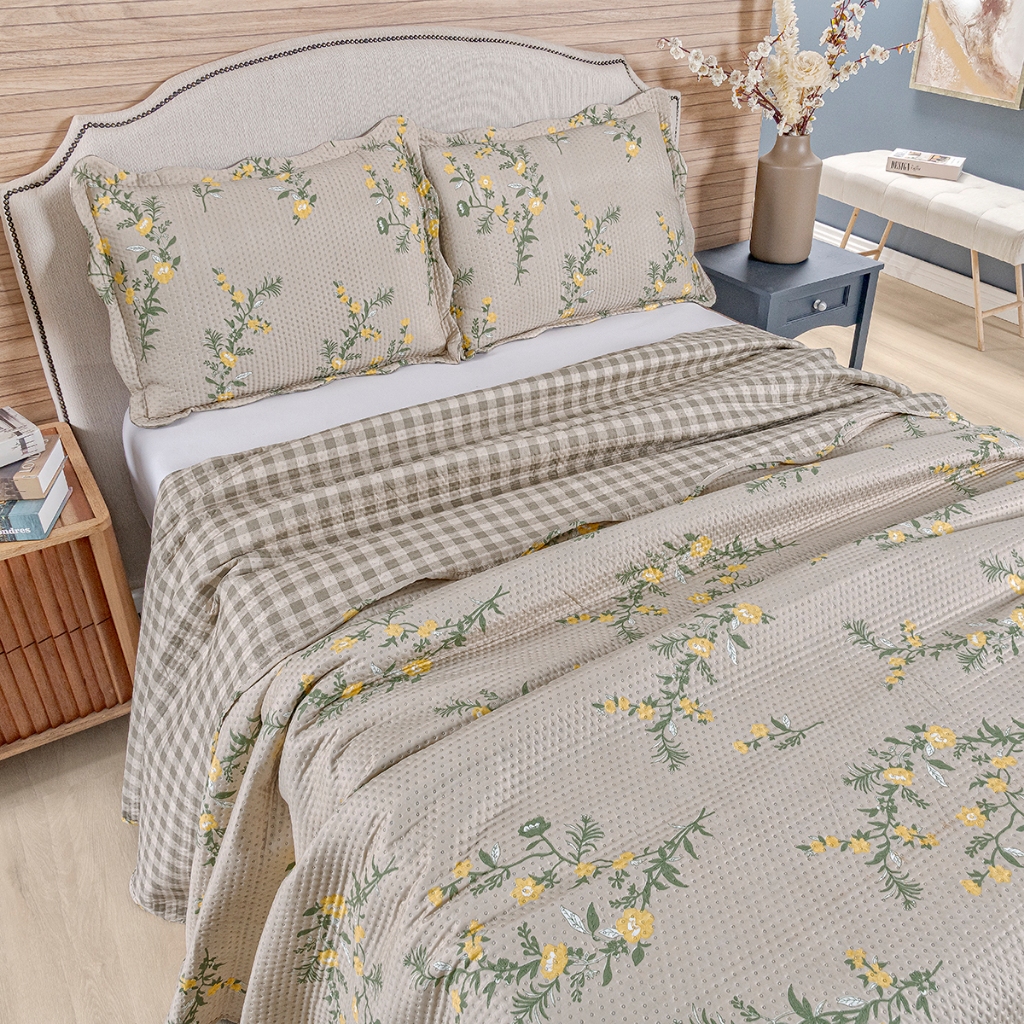 Kit Cobre Leito Colcha King Bouti 3 Peças Dupla Face Estampada Porta Travesseiro Aba Ameri...