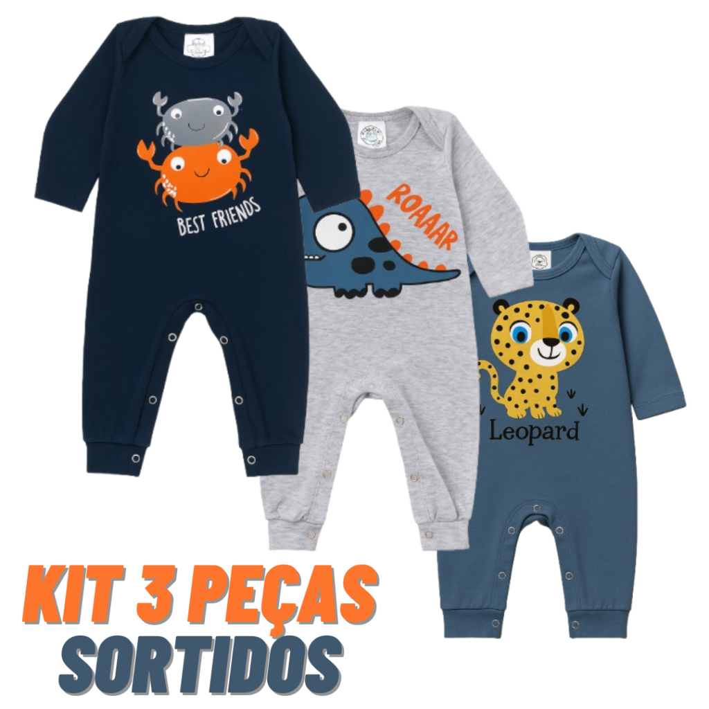 Kit 3 Macacão Bebê Infantil Algodão Manga Longa Menino Ou Menina Sortido
