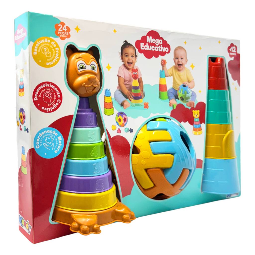 Kit Mega Educativo Pedagógico - Torre De Empilhar, Bola Geométrica e Urso Encaixável 23 Peças em Oferta na Shopee