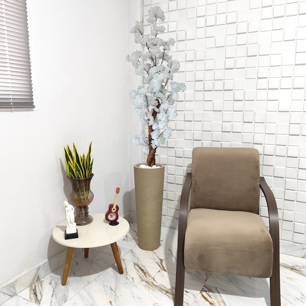 Arranjo Artificial Cerejeira Japonesa Branca 150cm Vaso Grafiato Mármore Pedra