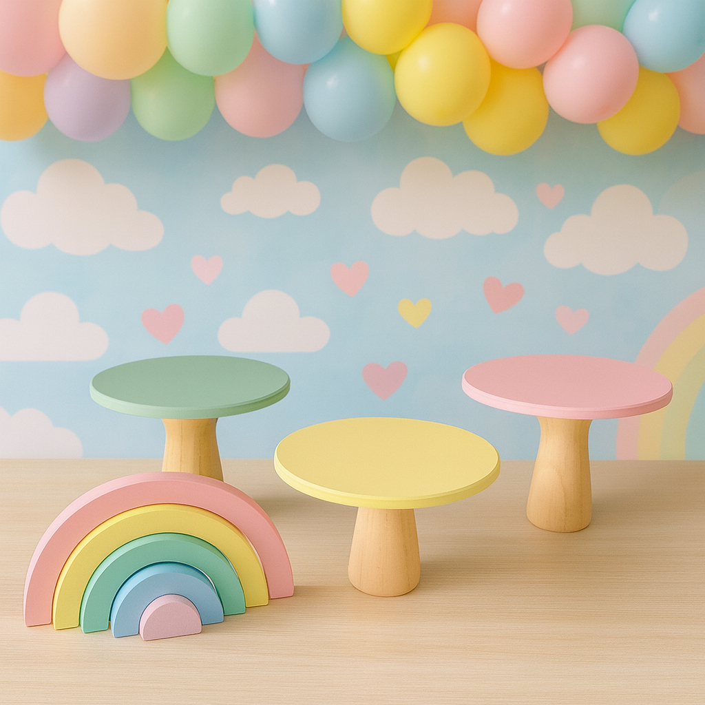 Kit Trio de Boleira Cogumelo Suporte para Doces Mdf + Display Arco Iris Decoração De Festa