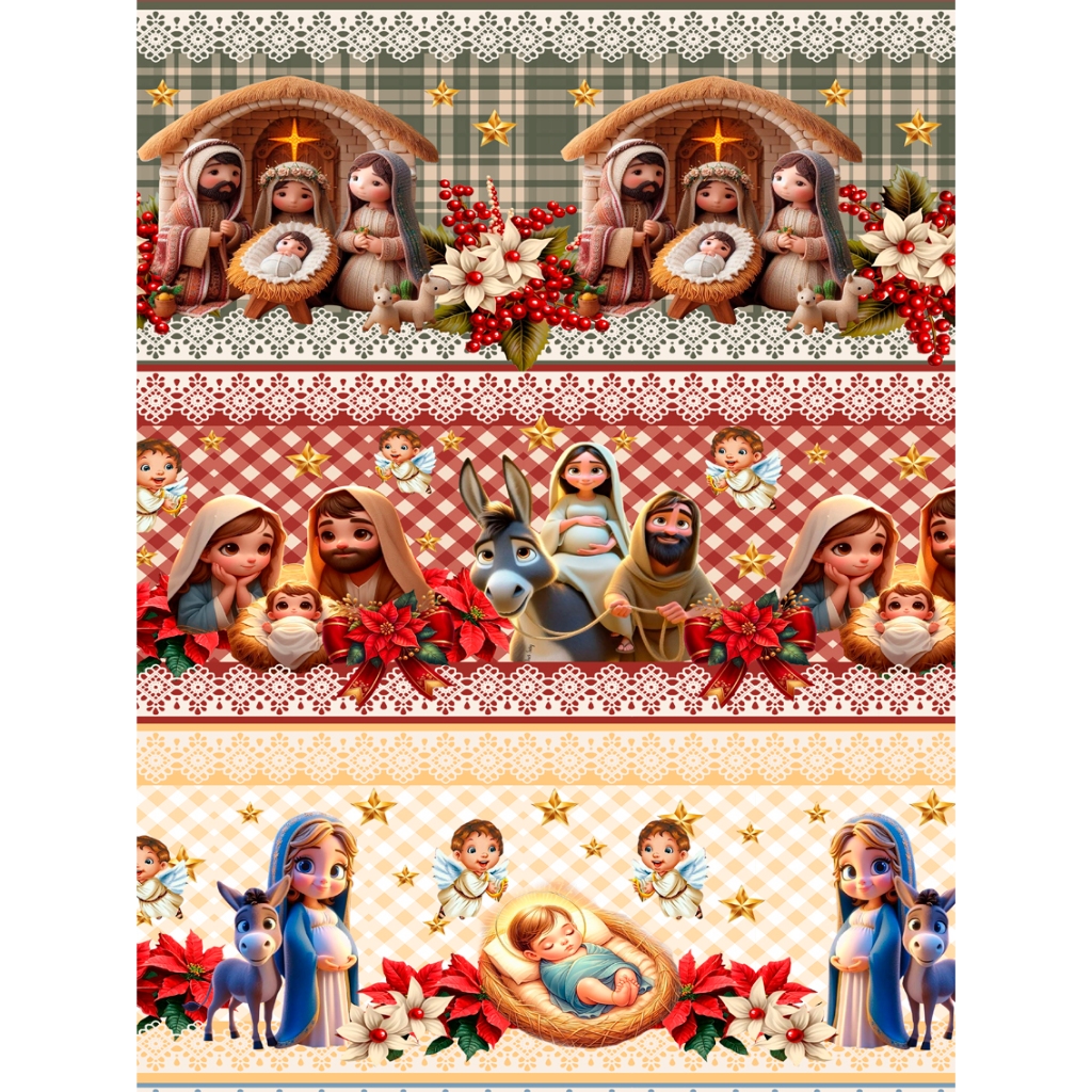 Tecido Tricoline Mista - Barrado Digital - 10 Faixas - 0,50 cm x  1,45 largura -  Varias estampas Natal