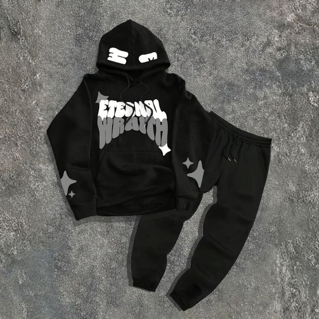 Conjunto Casual Unissex Calça Jogger Flanelada E Moletom Capuz Estampado
