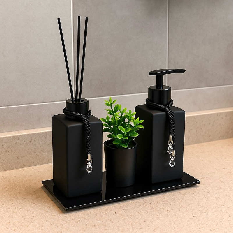 Kit Lavabo Paris Preto Fosco Completo Difusor Saboneteira Vasinho Luxuoso